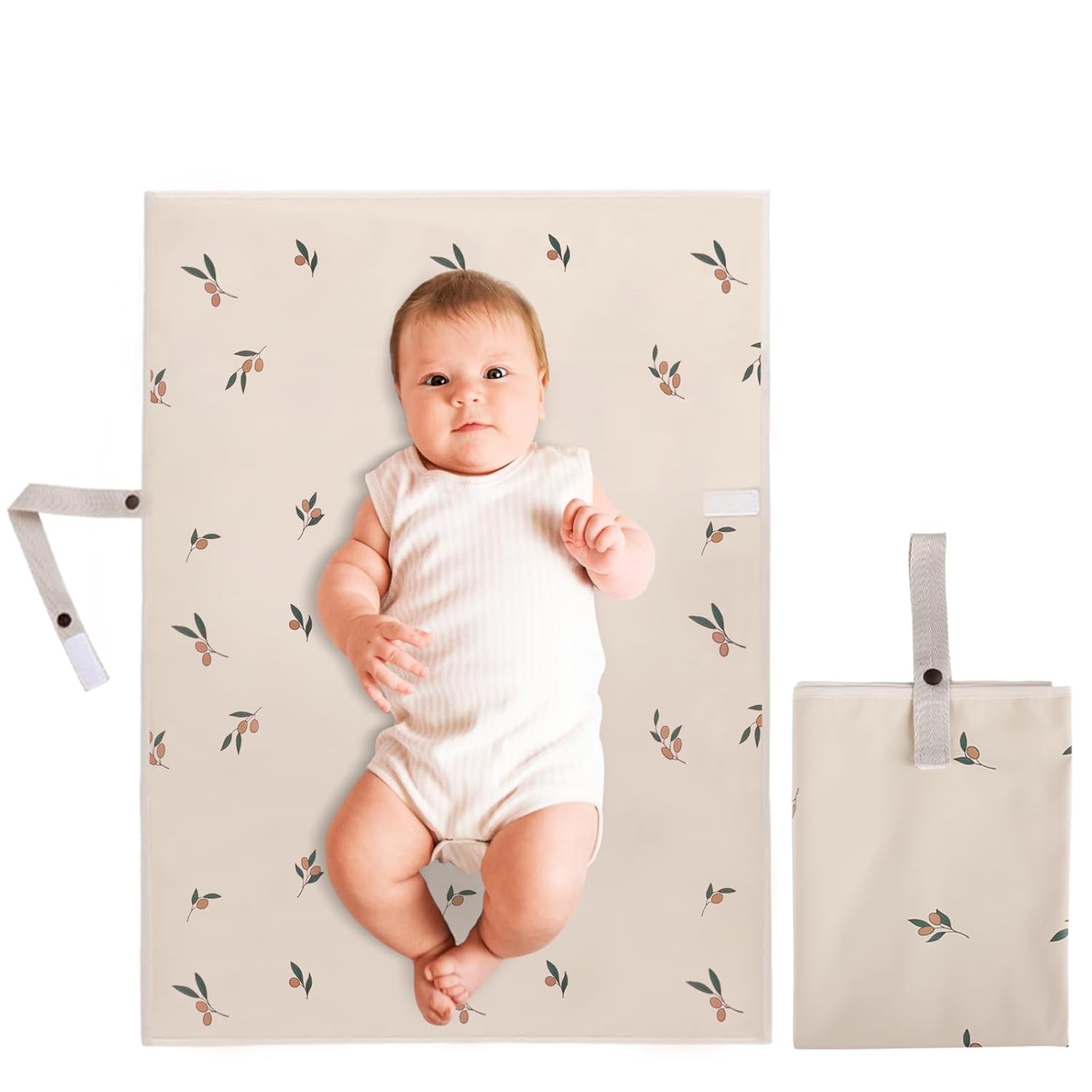 Read more about the article Vegan Leather Portable Changing Pad – Waterproof Compact Baby Changing Mat – Foldable Travel Diaper Changing Pad, Newborns Shower Gifts (Olive Branch with Strap, 20″*28″)